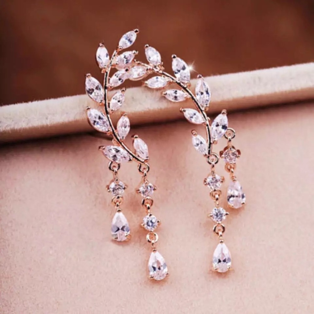 “Athena” Goddess Diamond Leaf Climber/Crawler Waterfall Crystal Bohemian Earring - Picture 3 of 9